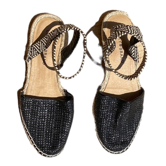 Lucky Brand Sandals Womens 9M Black Cream Renka Espadrille Woven Ankle Strap - Picture 2 of 9